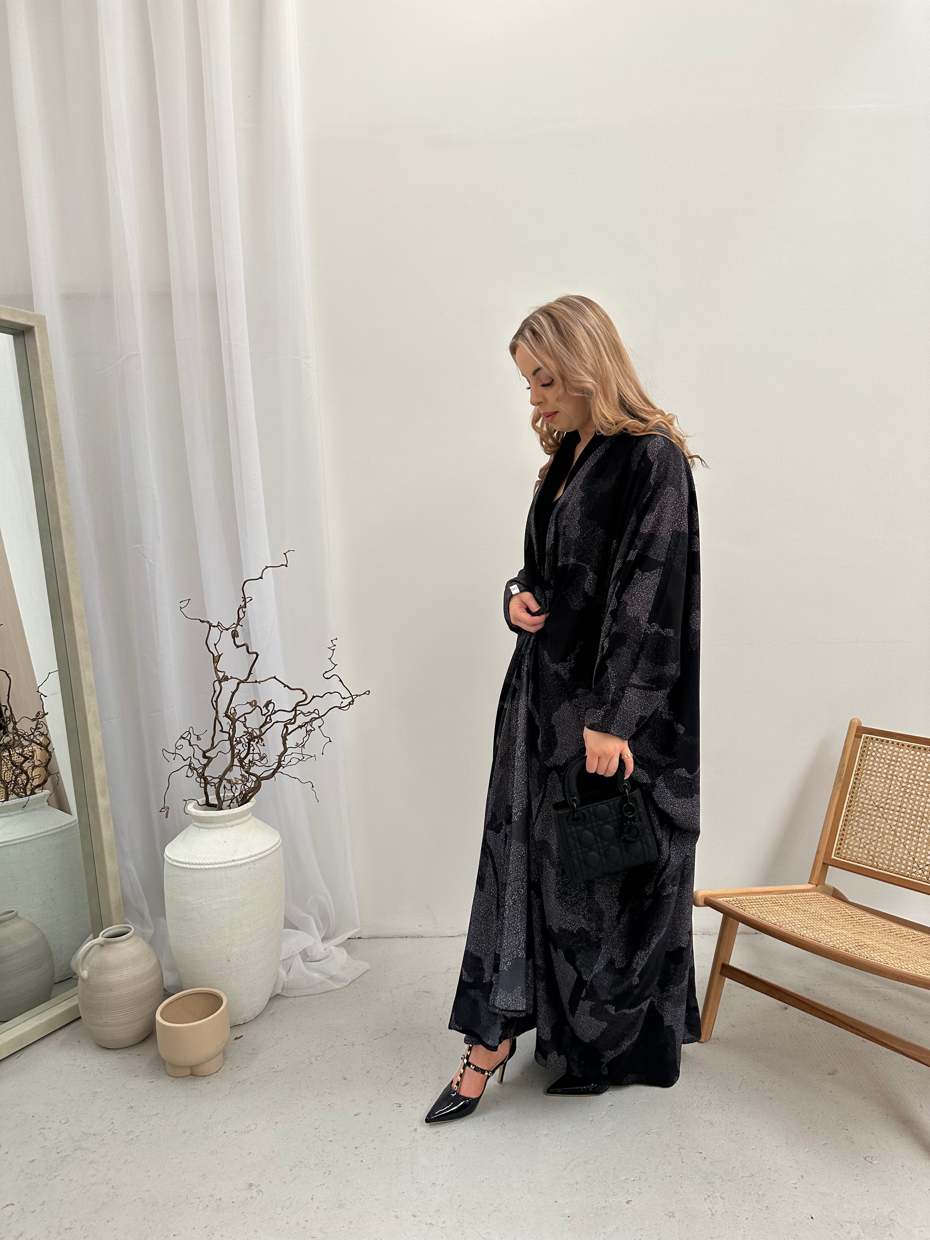 Black Print Batwing Abaya